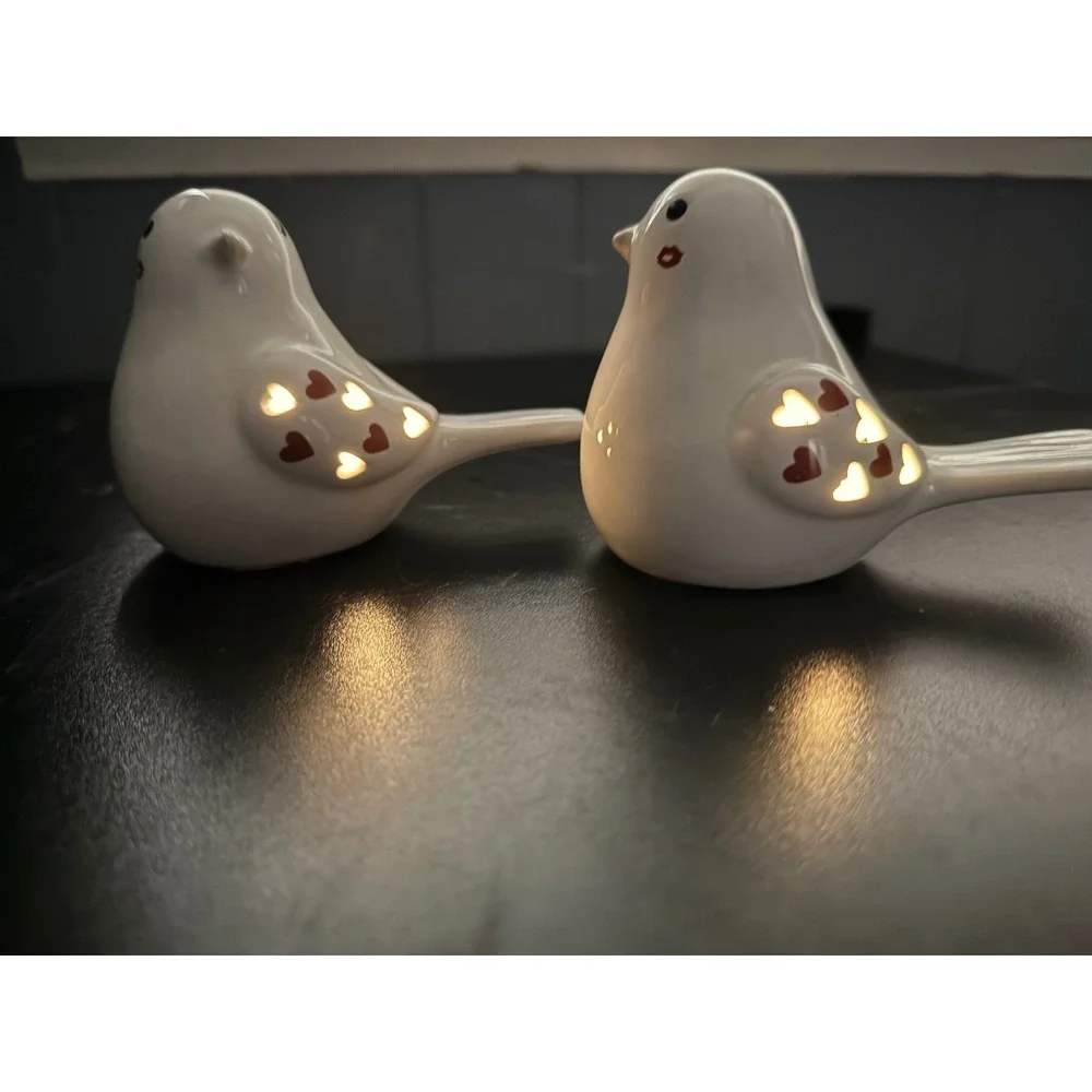 Ceramic Light Up Valentine Love Birds White Heart Cutout LED Figurines Set of 2